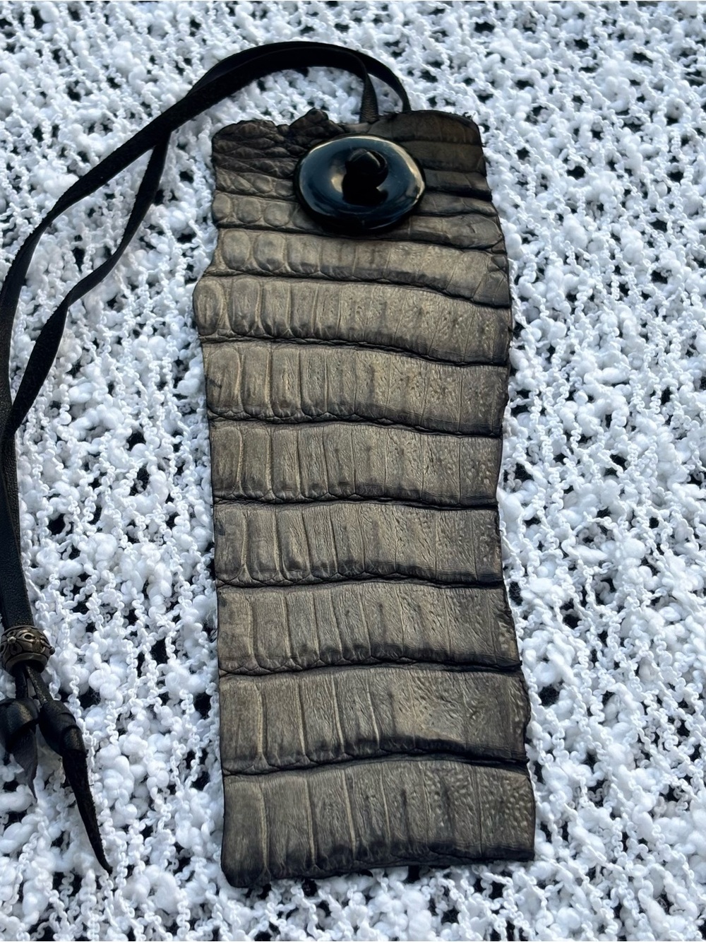 Crocodile Leather Wrap Cuff Bracelet with Silver Bead Accent